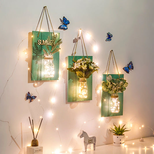 Clear Glass Jar Wall Lamp Modern Plant Decor String Light with Green Wooden Backplate Clearhalo 'Wall Lamps & Sconces' 'Wall Lights' Lighting' 129154