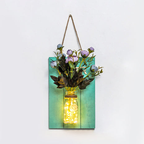 Clear Glass Jar Wall Lamp Modern Plant Decor String Light with Green Wooden Backplate Green Rose Clearhalo 'Wall Lamps & Sconces' 'Wall Lights' Lighting' 129156