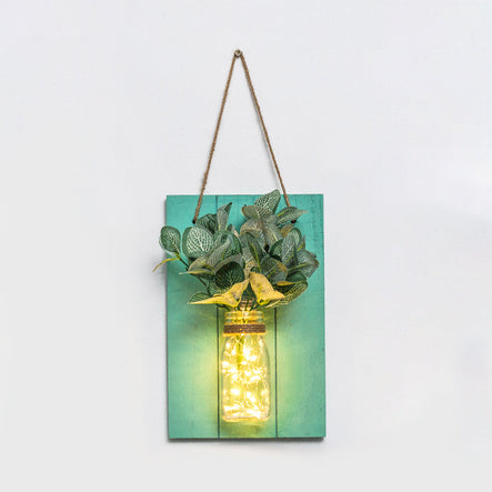 Clear Glass Jar Wall Lamp Modern Plant Decor String Light with Green Wooden Backplate Green Fittonia Clearhalo 'Wall Lamps & Sconces' 'Wall Lights' Lighting' 129158