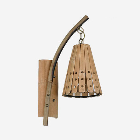 Bamboo Conical Shade Wall Lighting with Hollow Out Design Lodge Style 1-Head Wood Wall Lamp for Bedroom, Left/Right Wood Left Clearhalo 'Wall Lamps & Sconces' 'Wall Lights' Lighting' 129208