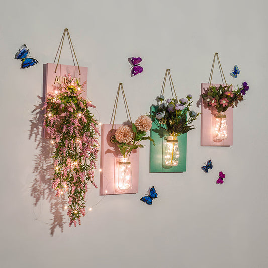 Floral Wall String Lights for Cafe Rustic Clear Glass Shade Twinkle Light with Pink Backplate Clearhalo 'Wall Lamps & Sconces' 'Wall Lights' Lighting' 129295