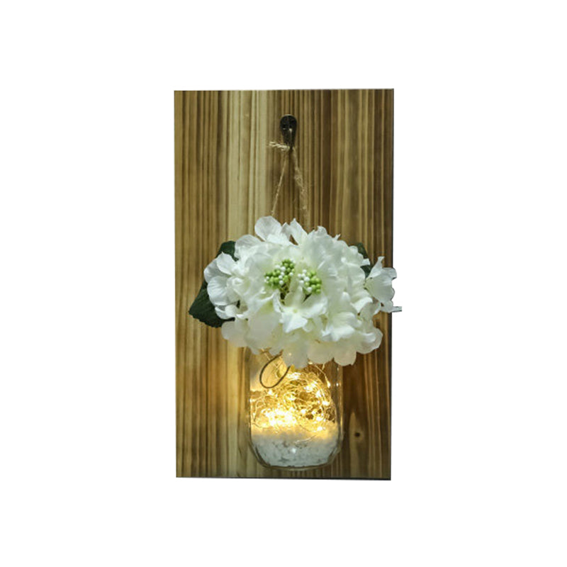 White Flower Wall String Light Nordic Clear Glass Jar Twinkle Light with Wood Backplate Clearhalo 'Wall Lamps & Sconces' 'Wall Lights' Lighting' 129307