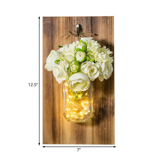 Contemporary White Rose String Light Clear Glass Jar Wall Lamp with Wood Backplate Clearhalo 'Wall Lamps & Sconces' 'Wall Lights' Lighting' 129319