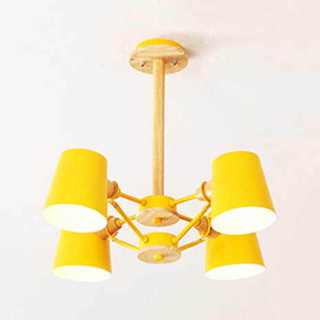 Bedroom Chandelier for Kids, Wood Hanging Fixture with Rod and Tapered Shade Macaron Style 4 Yellow Clearhalo 'Ceiling Lights' 'Chandeliers' Lighting' options 13185_496f51da-7f02-4216-b451-6e64f89f3a89