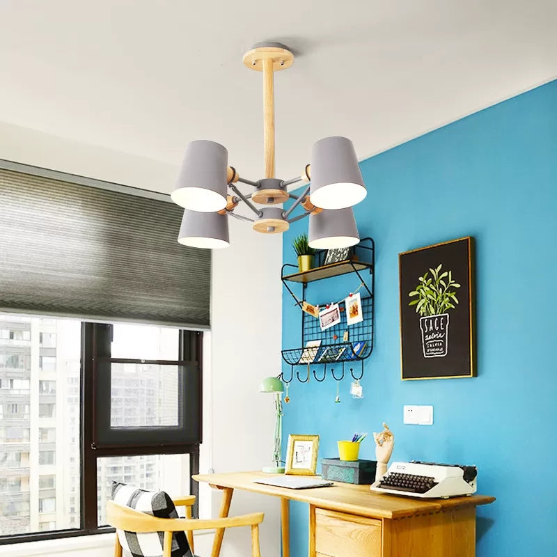 Bedroom Chandelier for Kids, Wood Hanging Fixture with Rod and Tapered Shade Macaron Style Clearhalo 'Ceiling Lights' 'Chandeliers' Lighting' options 13190