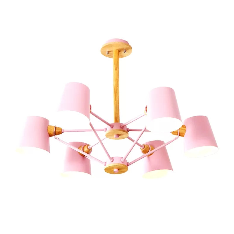 Bedroom Chandelier for Kids, Wood Hanging Fixture with Rod and Tapered Shade Macaron Style 6 Pink Clearhalo 'Ceiling Lights' 'Chandeliers' Lighting' options 13191_e76d3c37-bca9-46ab-ab52-7fa07ee709b4