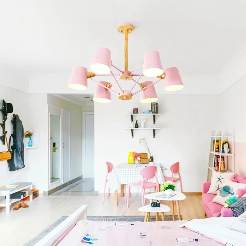 Bedroom Chandelier for Kids, Wood Hanging Fixture with Rod and Tapered Shade Macaron Style Clearhalo 'Ceiling Lights' 'Chandeliers' Lighting' options 13192