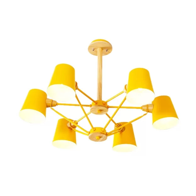 Bedroom Chandelier for Kids, Wood Hanging Fixture with Rod and Tapered Shade Macaron Style 6 Yellow Clearhalo 'Ceiling Lights' 'Chandeliers' Lighting' options 13193_1143654e-2968-4c9e-bb0d-e08bbbf9adfd