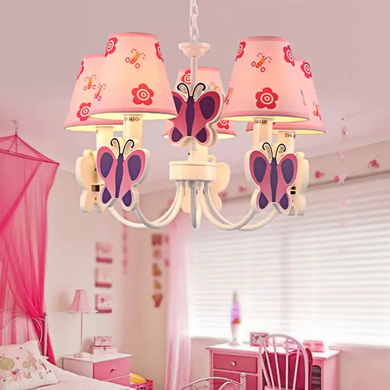 Pink Chandelier for Girls Room, Adjustable Hanging Lamp with Tapered Plastic Shade and Butterfly Modern Style 5 Pink Clearhalo 'Ceiling Lights' 'Chandeliers' Lighting' options 13199_d4c61718-301b-4646-ab36-f9c0a1d2de4d