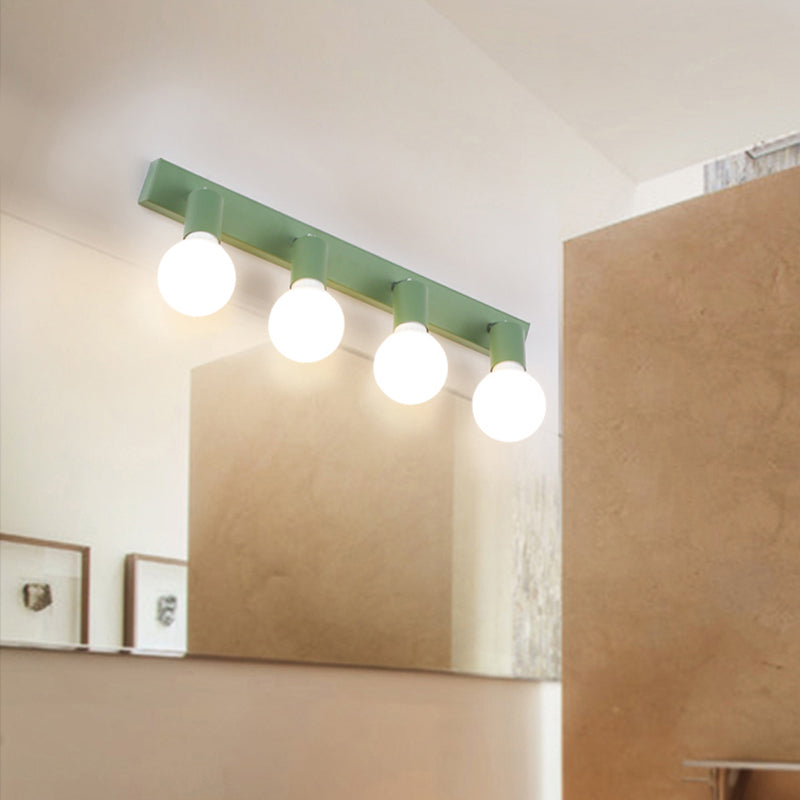 Green Linear Vanity Mirror Light with Open Bulb Macaron Style 4 Heads Metal Wall Lighting for Bathroom Clearhalo 'Cast Iron' 'Glass' 'Industrial' 'Modern wall lights' 'Modern' 'Tiffany' 'Traditional wall lights' 'Vanity Lights' 'Wall Lights' Lighting' 132931