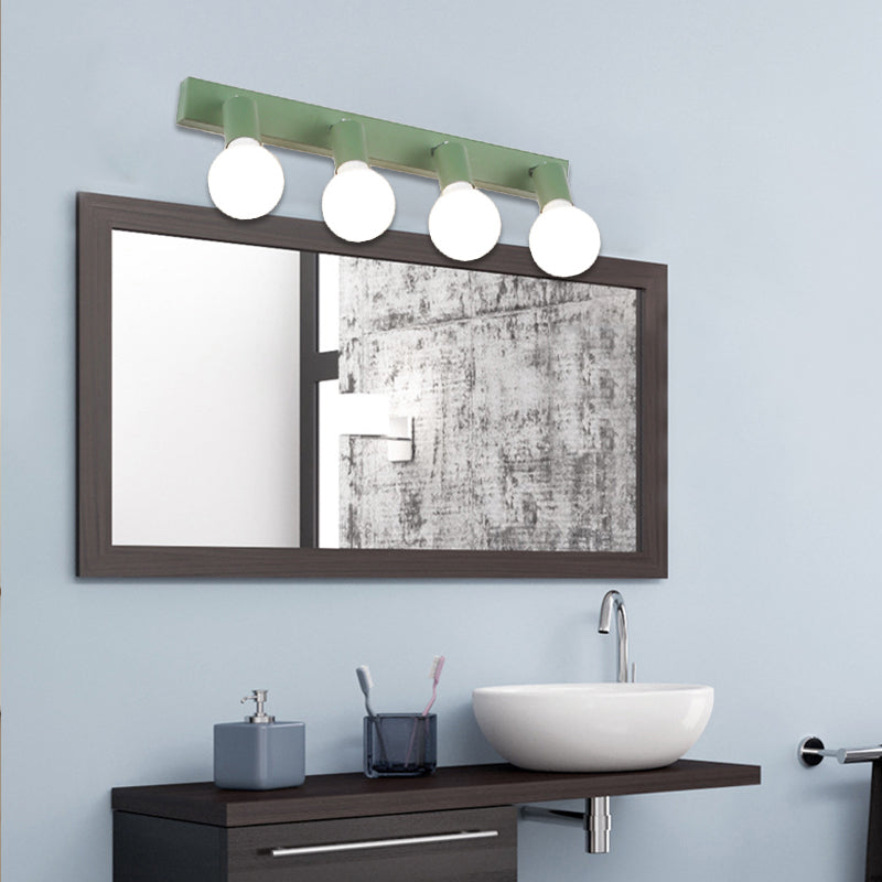 Green Linear Vanity Mirror Light with Open Bulb Macaron Style 4 Heads Metal Wall Lighting for Bathroom Green Clearhalo 'Cast Iron' 'Glass' 'Industrial' 'Modern wall lights' 'Modern' 'Tiffany' 'Traditional wall lights' 'Vanity Lights' 'Wall Lights' Lighting' 132932