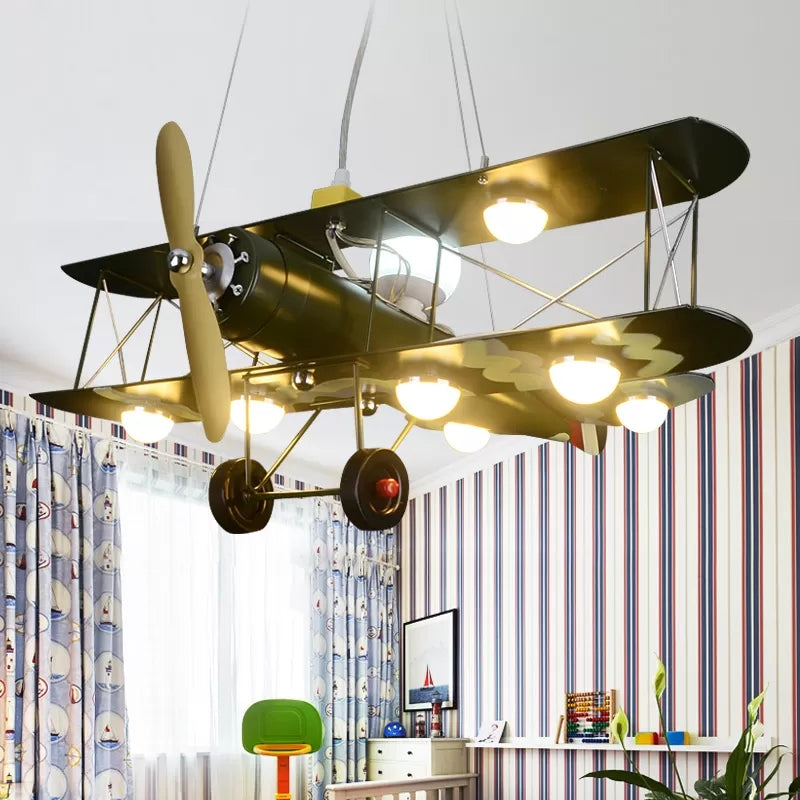 Large Chandelier 8 Light, Modern Hanging Light Fixture with Milk Glass Shade & Biplane Design for Boys Room, L:25in W:27.5in H:8in Clearhalo 'Ceiling Lights' 'Chandeliers' Lighting' options 13315