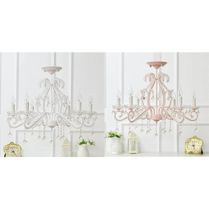 Bedroom Chandelier Kids, 6-Light Macaron Ceiling Light Fixture with Candle and Clear Crystal Decoration Clearhalo 'Ceiling Lights' 'Close To Ceiling Lights' 'Close to ceiling' 'Semi-flushmount' Lighting' 13354