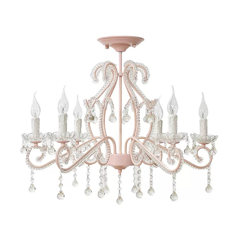 Bedroom Chandelier Kids, 6-Light Macaron Ceiling Light Fixture with Candle and Clear Crystal Decoration 6 Pink Clearhalo 'Ceiling Lights' 'Close To Ceiling Lights' 'Close to ceiling' 'Semi-flushmount' Lighting' 13355