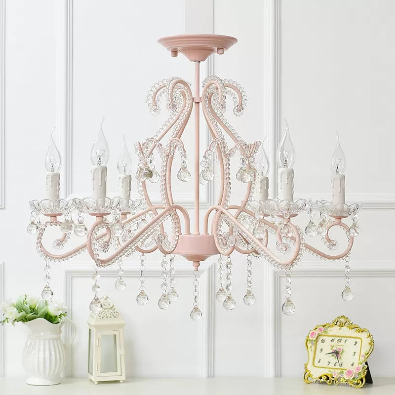 Bedroom Chandelier Kids, 6-Light Macaron Ceiling Light Fixture with Candle and Clear Crystal Decoration Clearhalo 'Ceiling Lights' 'Close To Ceiling Lights' 'Close to ceiling' 'Semi-flushmount' Lighting' 13356