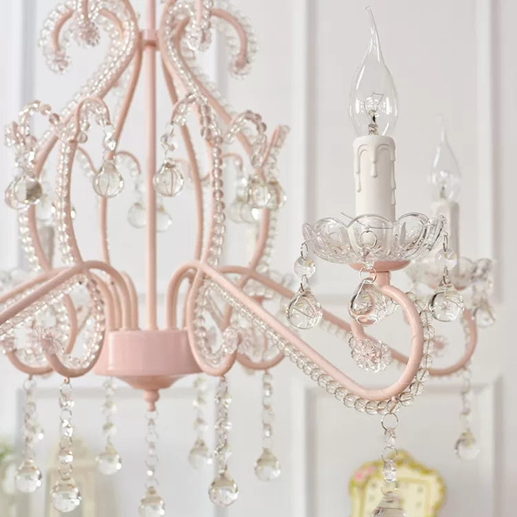 Bedroom Chandelier Kids, 6-Light Macaron Ceiling Light Fixture with Candle and Clear Crystal Decoration Clearhalo 'Ceiling Lights' 'Close To Ceiling Lights' 'Close to ceiling' 'Semi-flushmount' Lighting' 13357