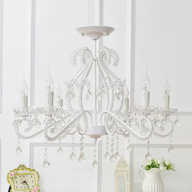 Bedroom Chandelier Kids, 6-Light Macaron Ceiling Light Fixture with Candle and Clear Crystal Decoration 6 White Clearhalo 'Ceiling Lights' 'Close To Ceiling Lights' 'Close to ceiling' 'Semi-flushmount' Lighting' 13359