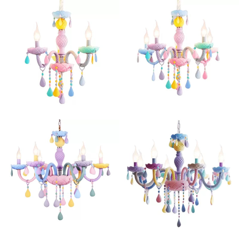 Kids Chandelier Lamp for Girls Rooms, Multicolor Hanging Pendant Lighting with Adjustable Chain and Candle Clearhalo 'Ceiling Lights' 'Chandeliers' Lighting' options 13361