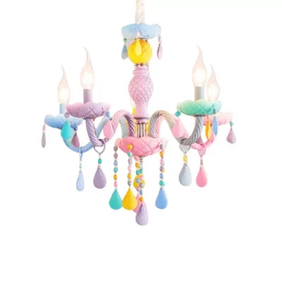 Kids Chandelier Lamp for Girls Rooms, Multicolor Hanging Pendant Lighting with Adjustable Chain and Candle Clearhalo 'Ceiling Lights' 'Chandeliers' Lighting' options 13363
