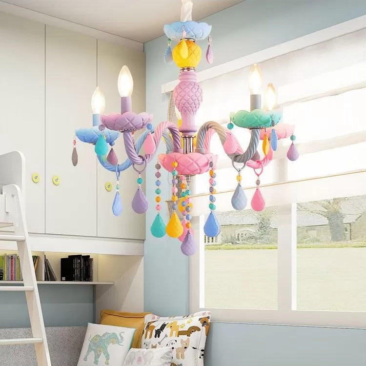 Kids Chandelier Lamp for Girls Rooms, Multicolor Hanging Pendant Lighting with Adjustable Chain and Candle Clearhalo 'Ceiling Lights' 'Chandeliers' Lighting' options 13364