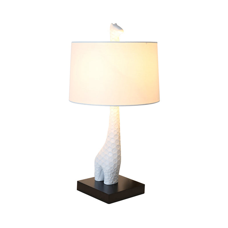 White Single Drum Study Lamp Modernism Fabric LED Reading Light with Giraffe Base for Bedroom Clearhalo 'Lamps' 'Table Lamps' Lighting' 133708