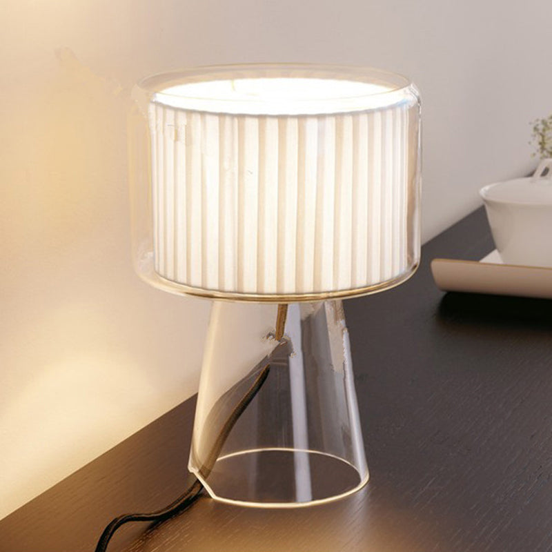 Drum Clear Glass Table Light Designer 1 Light Black/White Nightstand Lamp with Inner Fluted Glass Shade and Switch Clearhalo 'Lamps' 'Table Lamps' Lighting' 133727