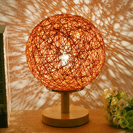 Rattan Hand-Woven Table Lamp Contemporary 6"/7" W 1 Bulb White/Red Table Light with Global Shade and Wooden Base Orange Clearhalo 'Lamps' 'Table Lamps' Lighting' 133770