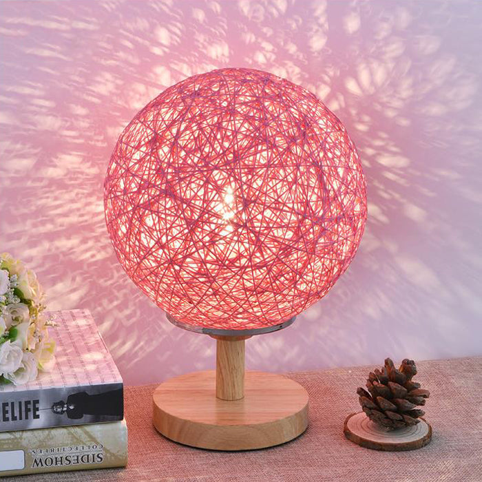 Rattan Hand-Woven Table Lamp Contemporary 6"/7" W 1 Bulb White/Red Table Light with Global Shade and Wooden Base Red Clearhalo 'Lamps' 'Table Lamps' Lighting' 133773