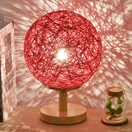 Rattan Hand-Woven Table Lamp Contemporary 6"/7" W 1 Bulb White/Red Table Light with Global Shade and Wooden Base Clearhalo 'Lamps' 'Table Lamps' Lighting' 133775