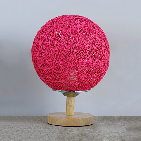 Rattan Hand-Woven Table Lamp Contemporary 6"/7" W 1 Bulb White/Red Table Light with Global Shade and Wooden Base Pink Clearhalo 'Lamps' 'Table Lamps' Lighting' 133776