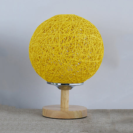 Rattan Hand-Woven Table Lamp Contemporary 6"/7" W 1 Bulb White/Red Table Light with Global Shade and Wooden Base Yellow Clearhalo 'Lamps' 'Table Lamps' Lighting' 133778