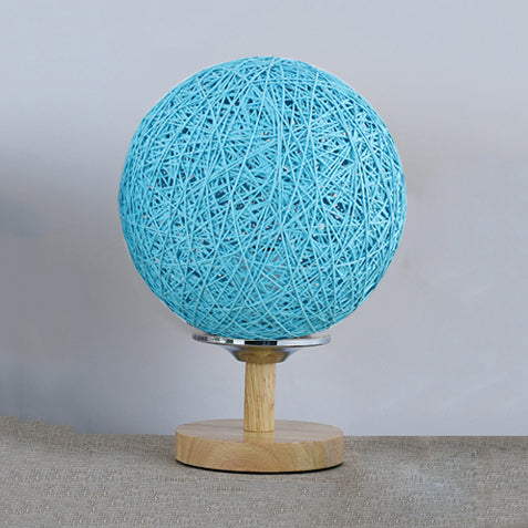 Rattan Hand-Woven Table Lamp Contemporary 6"/7" W 1 Bulb White/Red Table Light with Global Shade and Wooden Base Blue Clearhalo 'Lamps' 'Table Lamps' Lighting' 133780