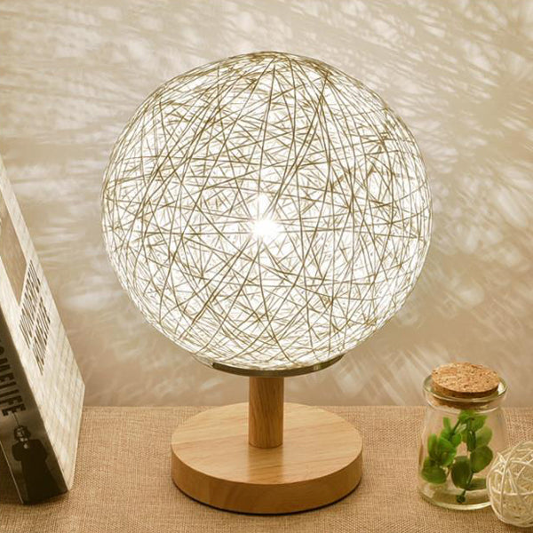 Rattan Hand-Woven Table Lamp Contemporary 6"/7" W 1 Bulb White/Red Table Light with Global Shade and Wooden Base White Clearhalo 'Lamps' 'Table Lamps' Lighting' 133785