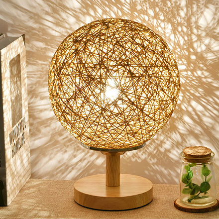 Rattan Hand-Woven Table Lamp Contemporary 6"/7" W 1 Bulb White/Red Table Light with Global Shade and Wooden Base Flaxen Clearhalo 'Lamps' 'Table Lamps' Lighting' 133789