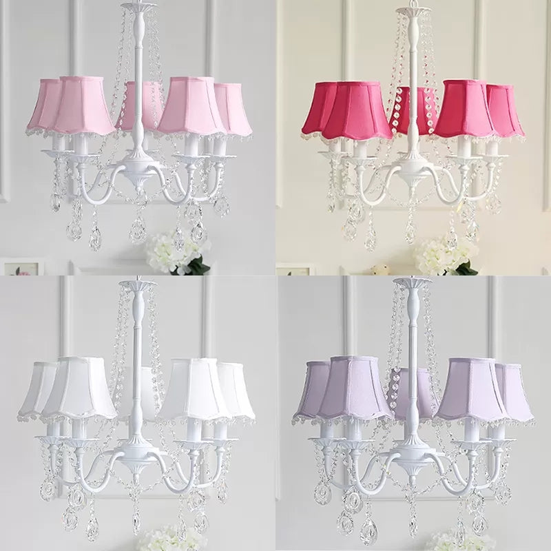Baby Crystal Chandelier, 5-Light Macaron Hanging Fixture with Flared Fabric Shade, 23.5" High x 22.5" in Diameter Clearhalo 'Ceiling Lights' 'Chandeliers' Lighting' options 13390