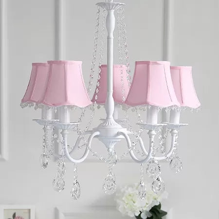 Baby Crystal Chandelier, 5-Light Macaron Hanging Fixture with Flared Fabric Shade, 23.5" High x 22.5" in Diameter Pink Clearhalo 'Ceiling Lights' 'Chandeliers' Lighting' options 13391_8dc46fc9-74ac-4ff8-a0fb-0b6b8ee86f90