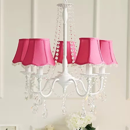 Baby Crystal Chandelier, 5-Light Macaron Hanging Fixture with Flared Fabric Shade, 23.5" High x 22.5" in Diameter Rose Red Clearhalo 'Ceiling Lights' 'Chandeliers' Lighting' options 13394_f4e0fd46-26b3-46ee-b038-e03994537bb3