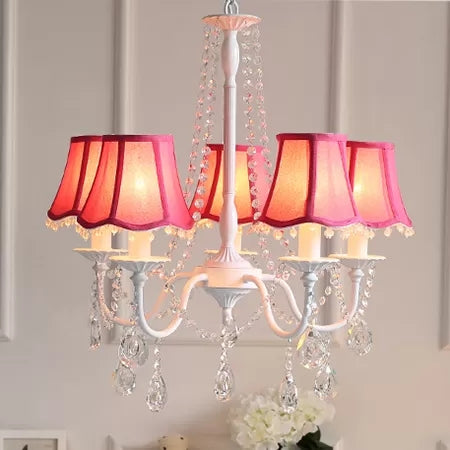 Baby Crystal Chandelier, 5-Light Macaron Hanging Fixture with Flared Fabric Shade, 23.5" High x 22.5" in Diameter Clearhalo 'Ceiling Lights' 'Chandeliers' Lighting' options 13395