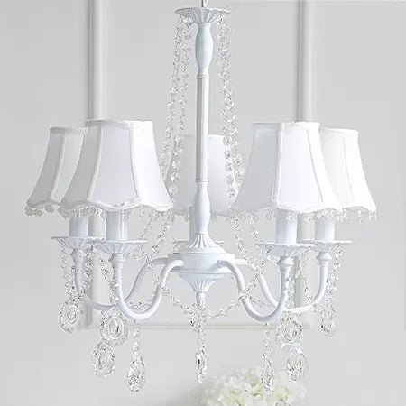 Baby Crystal Chandelier, 5-Light Macaron Hanging Fixture with Flared Fabric Shade, 23.5" High x 22.5" in Diameter White Clearhalo 'Ceiling Lights' 'Chandeliers' Lighting' options 13396_92394caa-eef4-4824-9837-5b260e9df103