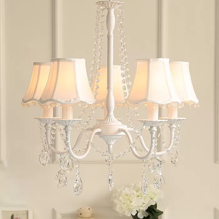 Baby Crystal Chandelier, 5-Light Macaron Hanging Fixture with Flared Fabric Shade, 23.5" High x 22.5" in Diameter Clearhalo 'Ceiling Lights' 'Chandeliers' Lighting' options 13397