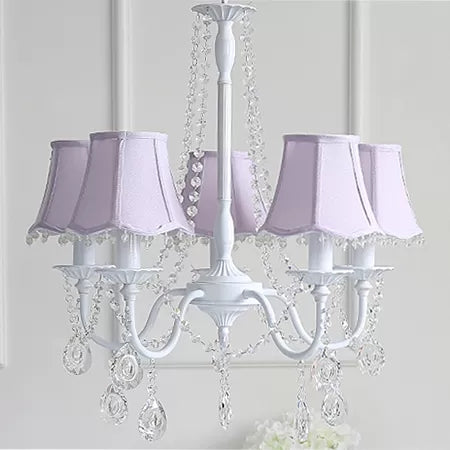 Baby Crystal Chandelier, 5-Light Macaron Hanging Fixture with Flared Fabric Shade, 23.5" High x 22.5" in Diameter Purple Clearhalo 'Ceiling Lights' 'Chandeliers' Lighting' options 13399_98211a8a-8740-44b5-9708-99c3b9cdb1d5