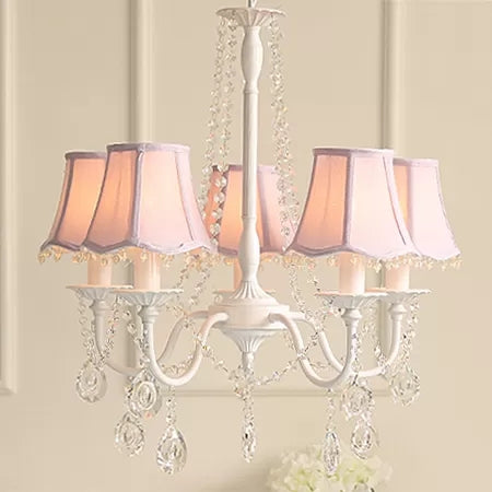 Baby Crystal Chandelier, 5-Light Macaron Hanging Fixture with Flared Fabric Shade, 23.5" High x 22.5" in Diameter Clearhalo 'Ceiling Lights' 'Chandeliers' Lighting' options 13400