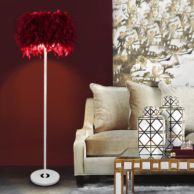 Feather Drum Shade Floor Lamp Modern Style 1-Light Floor Lighting in Multi Colors for Living Room Red Clearhalo 'Lamps' 'Table Lamps' Lighting' 134950