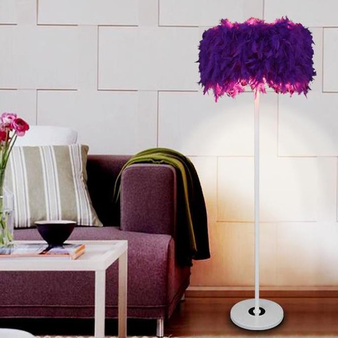 Feather Drum Shade Floor Lamp Modern Style 1-Light Floor Lighting in Multi Colors for Living Room Purple Clearhalo 'Lamps' 'Table Lamps' Lighting' 134952