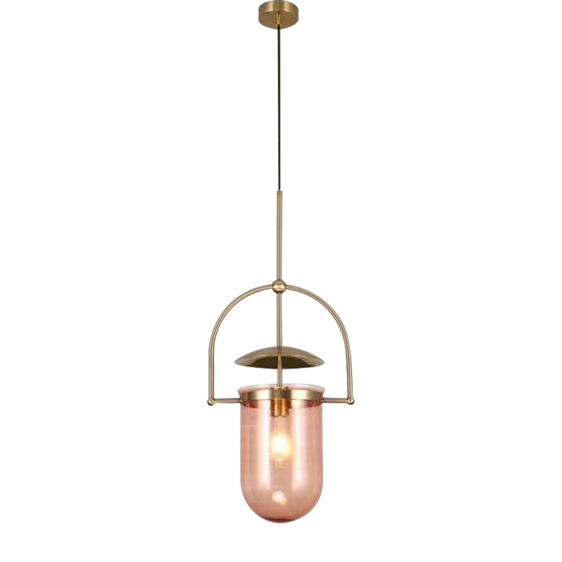 Cylinder Glass Shade Pendant Light Contemporary Amber/Pink 1 Light Hanging Ceiling Light Fixture with Black/Gold Frame Clearhalo 'Ceiling Lights' 'Glass shade' 'Glass' 'Modern Pendants' 'Modern' 'Pendant Lights' 'Pendants' Lighting' 135153