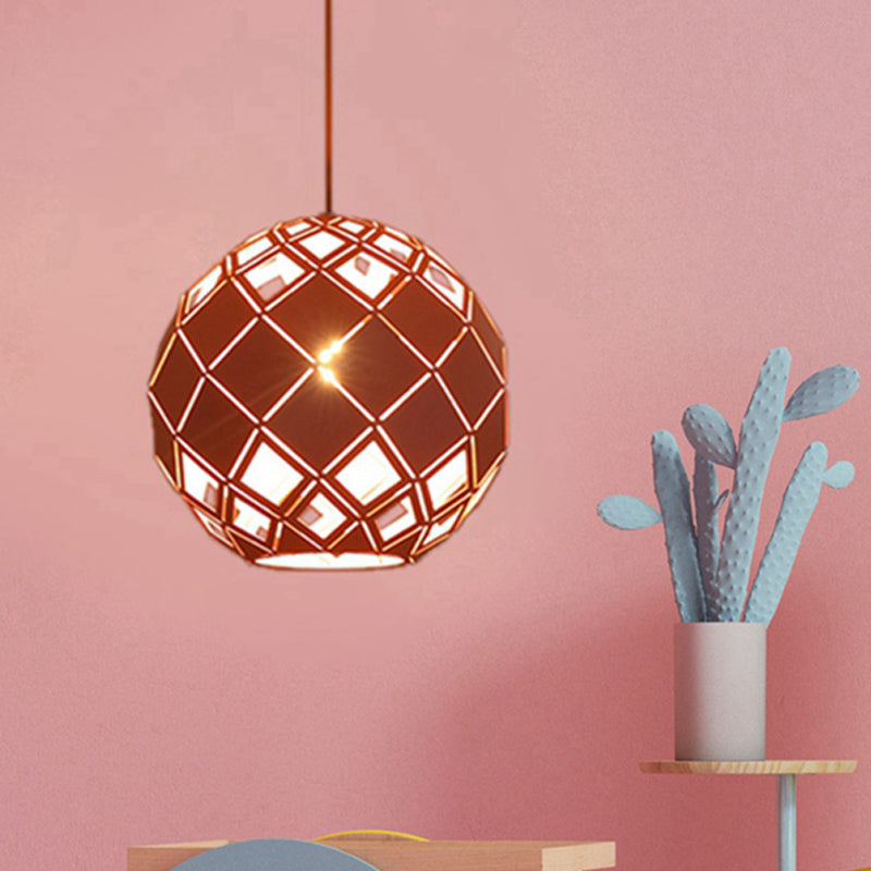 Hollow Globe Shade Pendant Light Nordic Metal 1 Light Blue/Red/Yellow Ceiling Lamp for Study Room Clearhalo 'Ceiling Lights' 'Modern Pendants' 'Modern' 'Pendant Lights' 'Pendants' Lighting' 135196