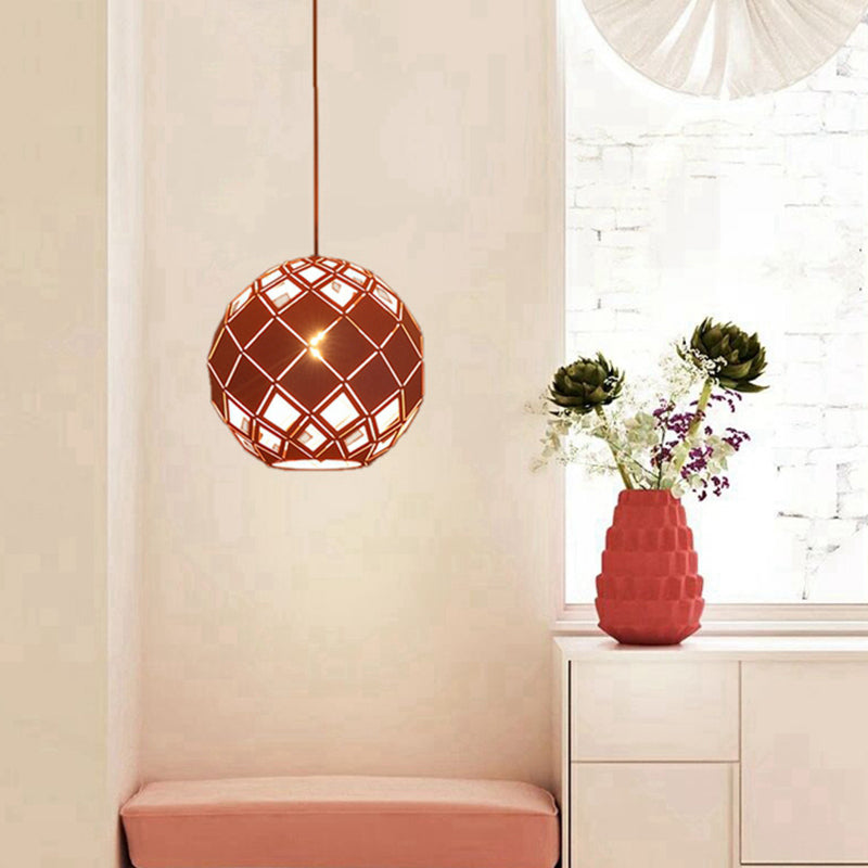 Hollow Globe Shade Pendant Light Nordic Metal 1 Light Blue/Red/Yellow Ceiling Lamp for Study Room Pink Clearhalo 'Ceiling Lights' 'Modern Pendants' 'Modern' 'Pendant Lights' 'Pendants' Lighting' 135197