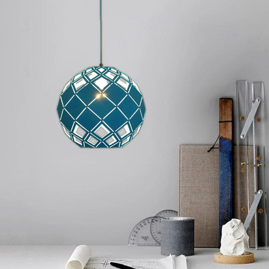 Hollow Globe Shade Pendant Light Nordic Metal 1 Light Blue/Red/Yellow Ceiling Lamp for Study Room Blue Clearhalo 'Ceiling Lights' 'Modern Pendants' 'Modern' 'Pendant Lights' 'Pendants' Lighting' 135199