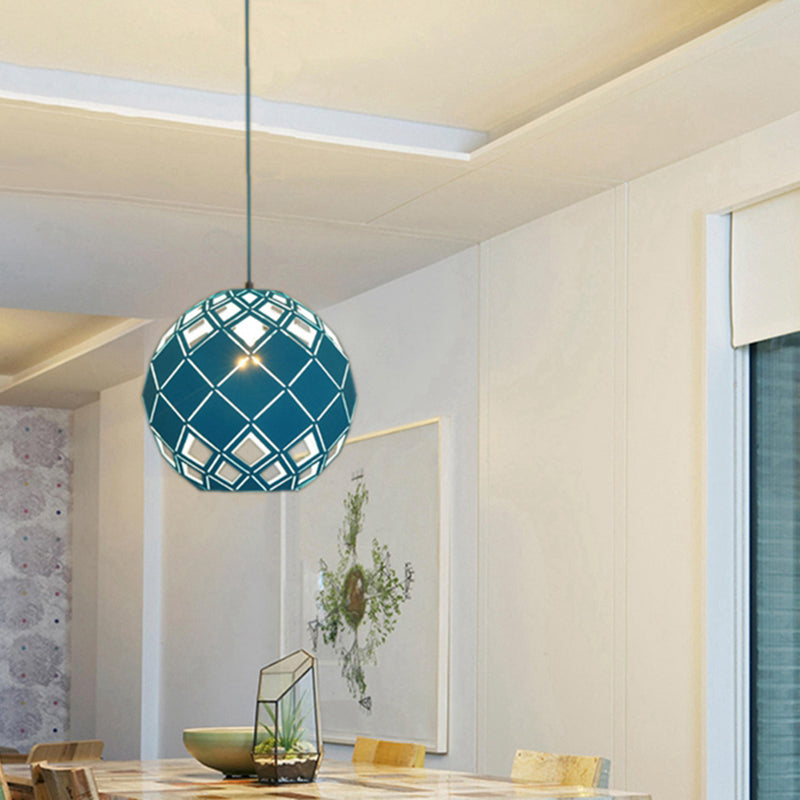 Hollow Globe Shade Pendant Light Nordic Metal 1 Light Blue/Red/Yellow Ceiling Lamp for Study Room Clearhalo 'Ceiling Lights' 'Modern Pendants' 'Modern' 'Pendant Lights' 'Pendants' Lighting' 135200