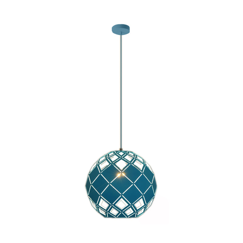 Hollow Globe Shade Pendant Light Nordic Metal 1 Light Blue/Red/Yellow Ceiling Lamp for Study Room Clearhalo 'Ceiling Lights' 'Modern Pendants' 'Modern' 'Pendant Lights' 'Pendants' Lighting' 135201